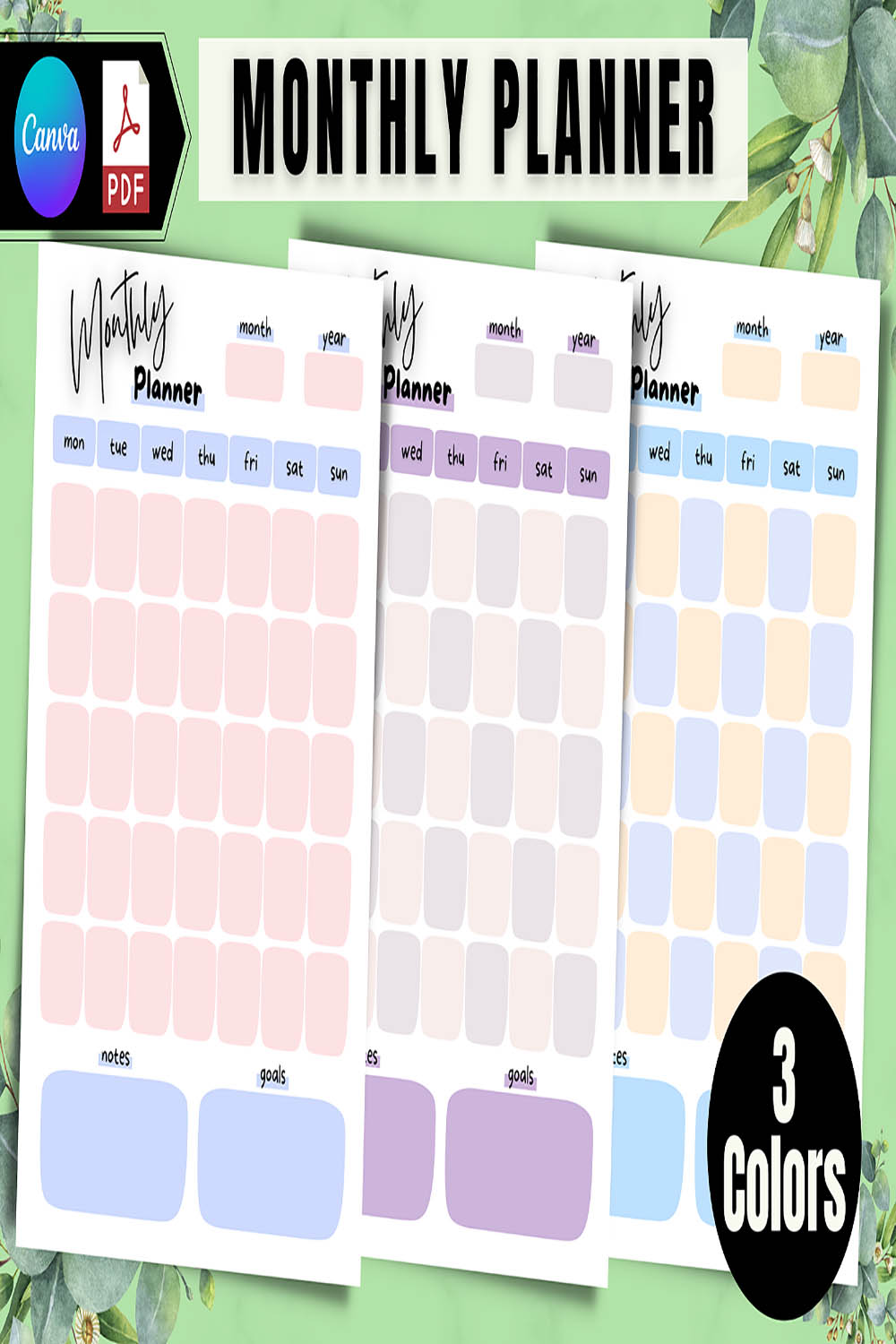 Printable Monthly Planner Page Canva Template pinterest preview image.