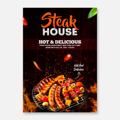 Grilled steak house restaurant flyer template cover image.