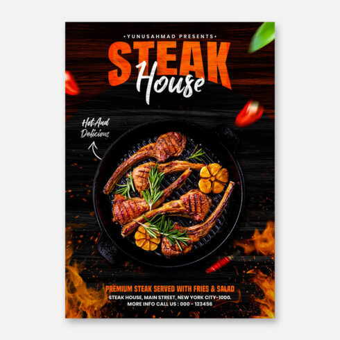 Steak house flyer design template cover image.