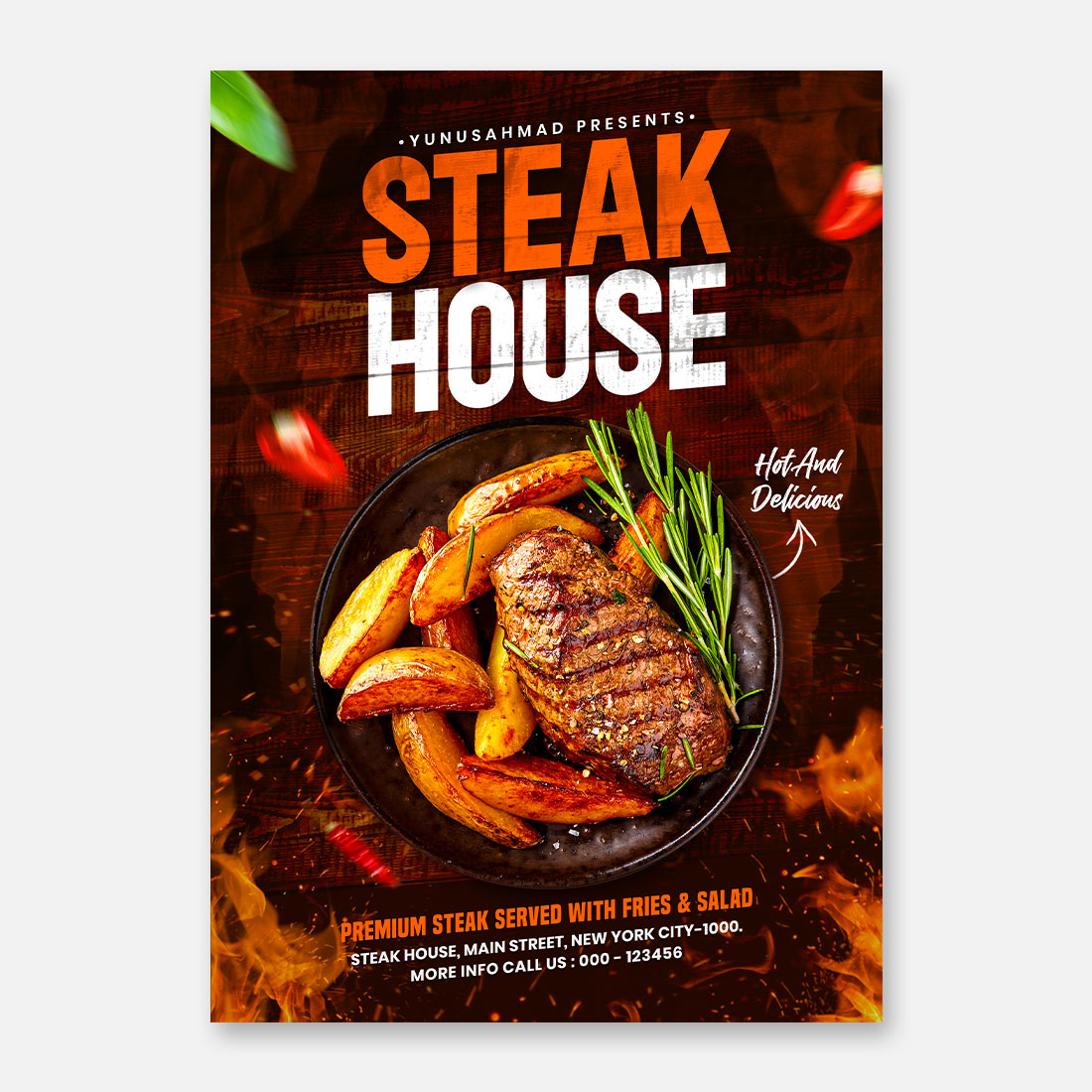 Steak house flyer design template preview image.