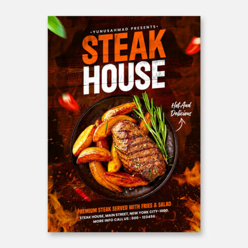 Steak house flyer design template cover image.