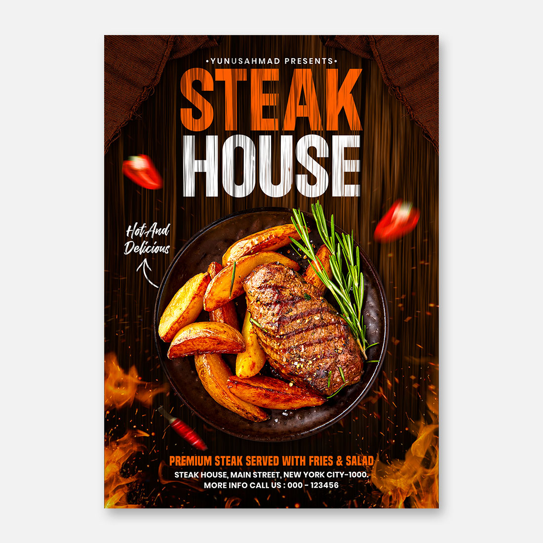 Grilled steak house restaurant flyer template preview image.