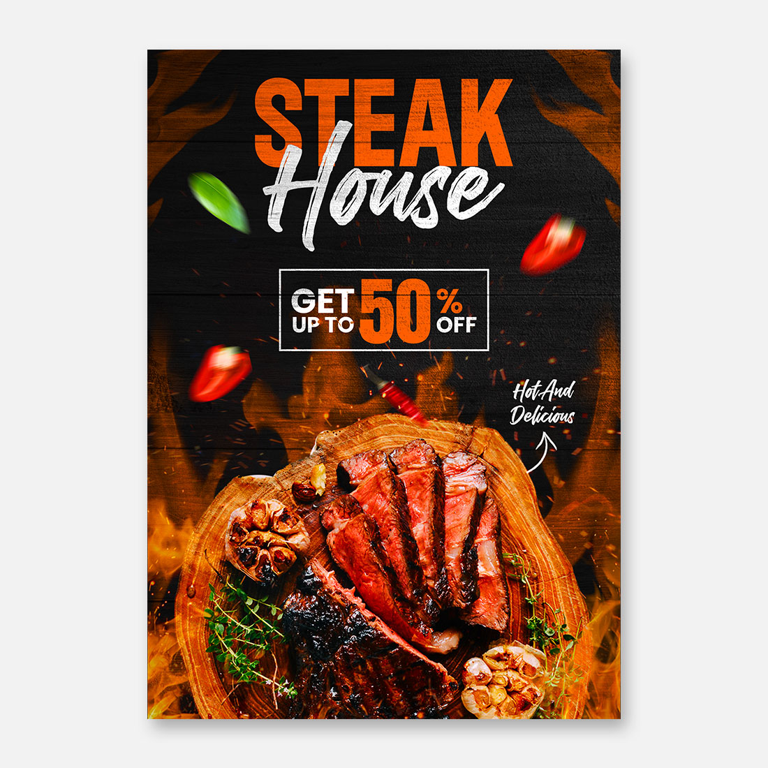 Steak house flyer design template preview image.