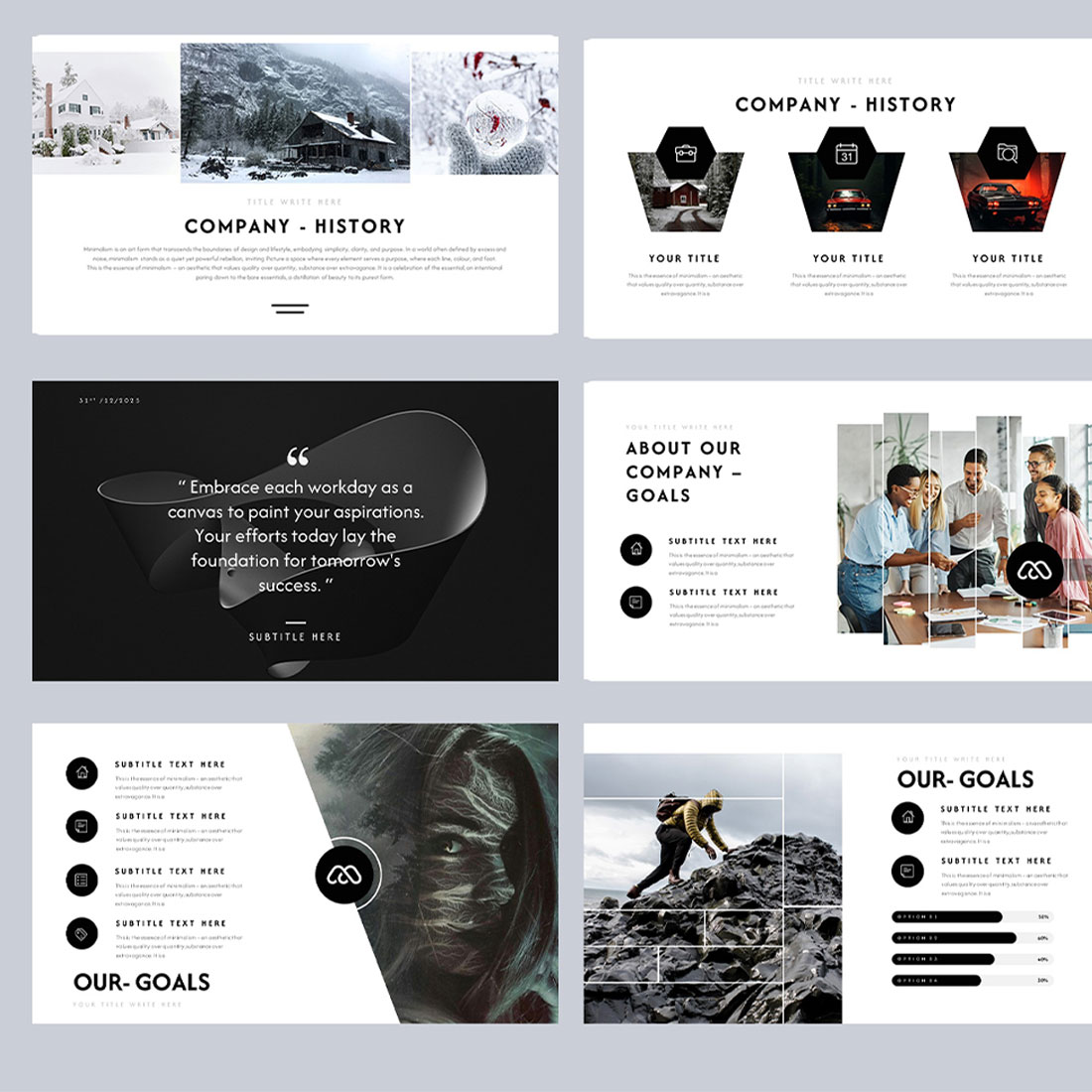 Megomi Black & White PowerPoint Template preview image.
