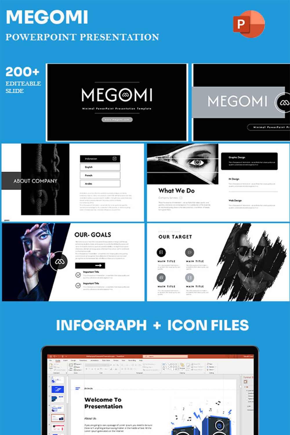 Megomi Black & White PowerPoint Template pinterest preview image.