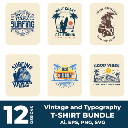 Vintage and typography t-shirt designs bundle cover image.