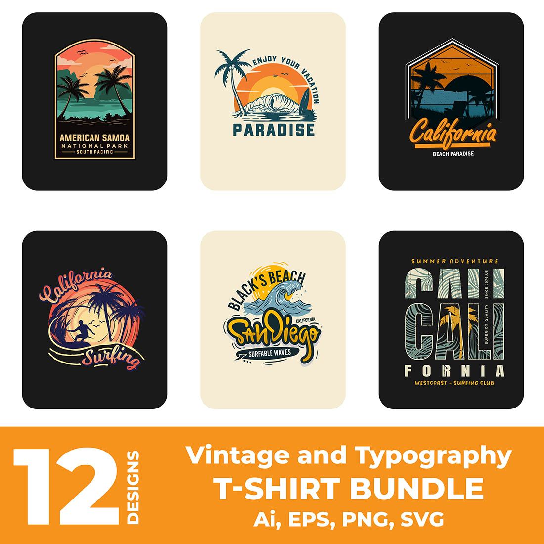 Vintage and typography t-shirt designs bundle preview image.