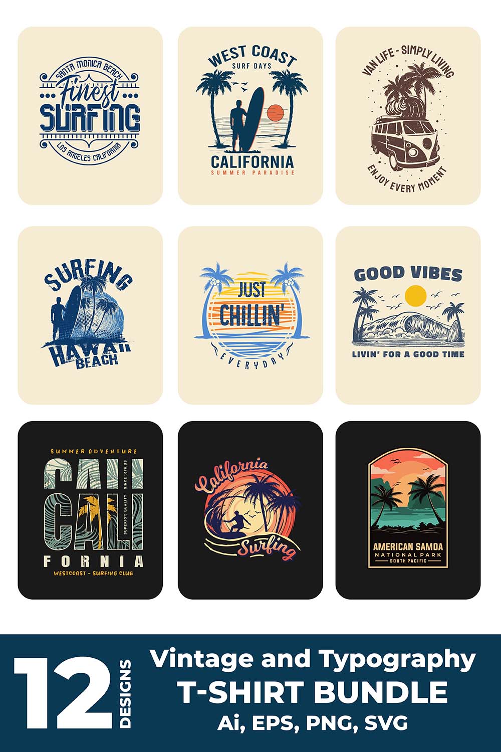 Vintage and typography t-shirt designs bundle pinterest preview image.