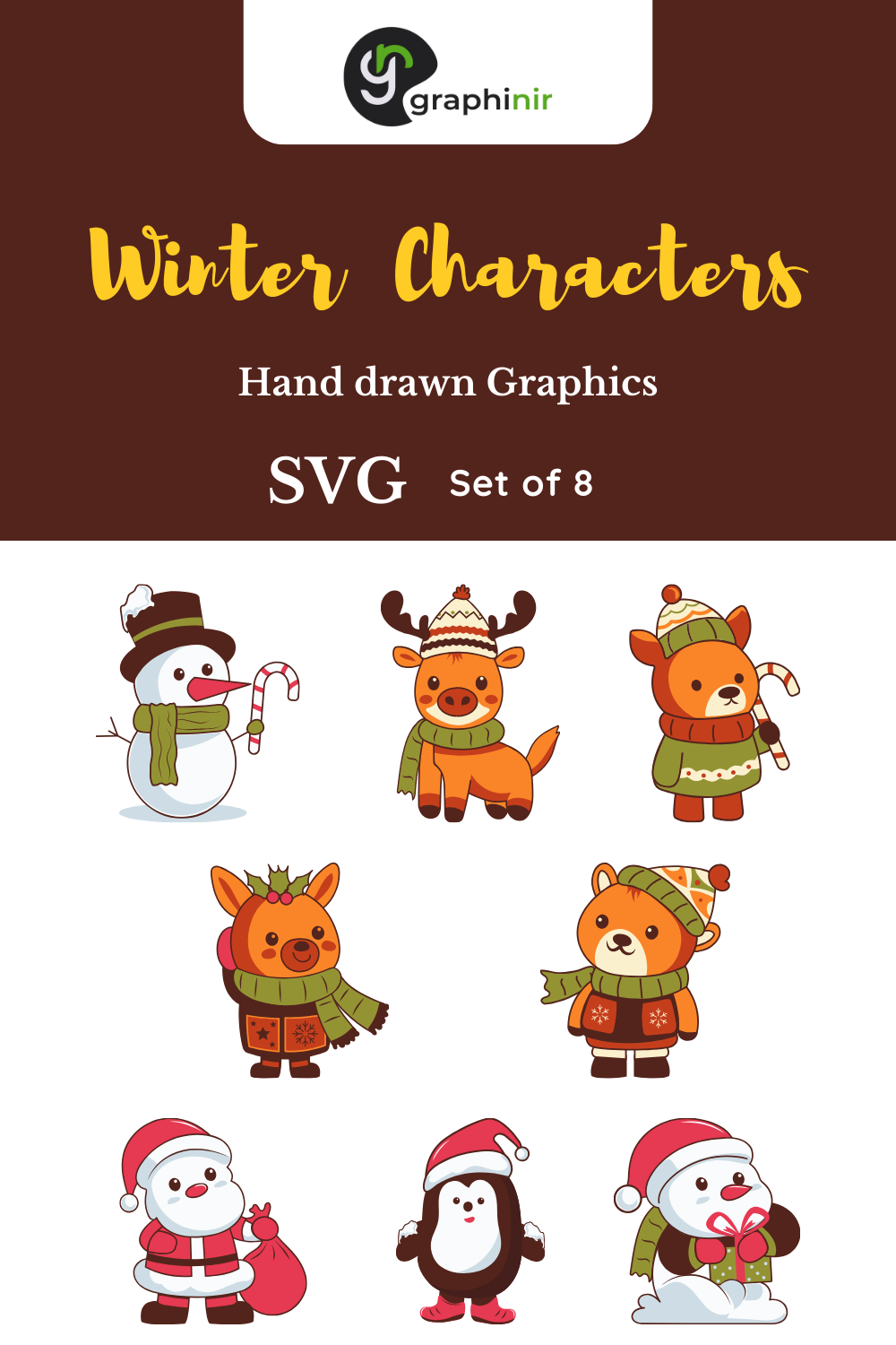 Set of 8 Winter Joyful Vector Characters Design Elements pinterest preview image.