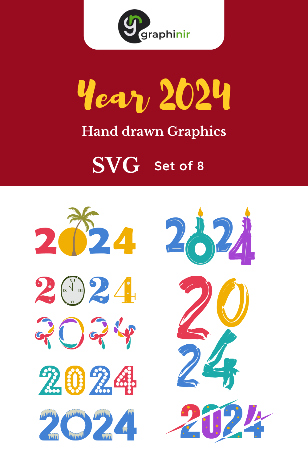 Set of 8 Vector 2024 New Year Hand Drawn Graphics for Cards, Banner & Poster pinterest preview image.