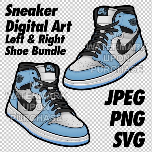 Air Jordan 1 University Blue JPEG PNG SVG Sneaker Art right & left shoe bundle Digital Download cover image.