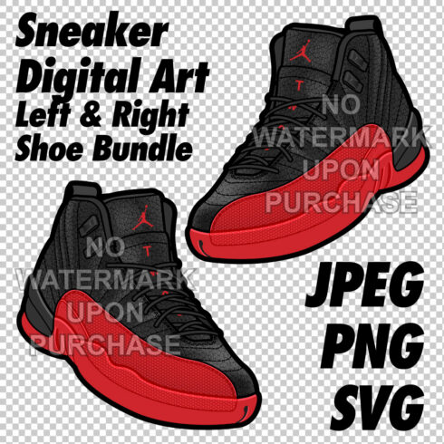 Air Jordan 12 Flu Game JPEG PNG SVG Sneaker Art right & left shoe bundle Digital Download cover image.
