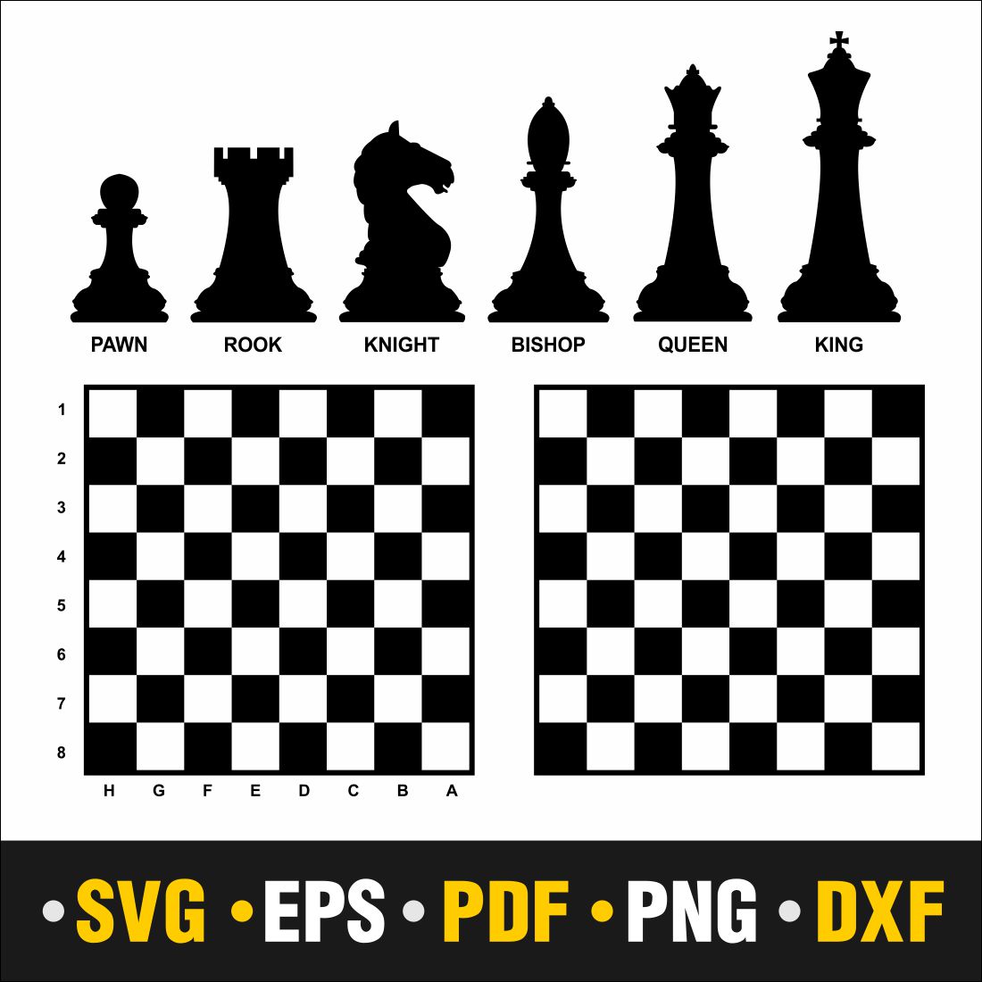 Check Board Svg, Check Board, Chess Svg, Chess Png, Chess Svg, Horse Svg, Pawn Svg, Rock Svg, Knight Svg, Bishop Svg, Queen Svg, King Svg Instant Download Vector Cut file Cricut, Silhouette, Pdf Png, Dxf, Decal cover image.