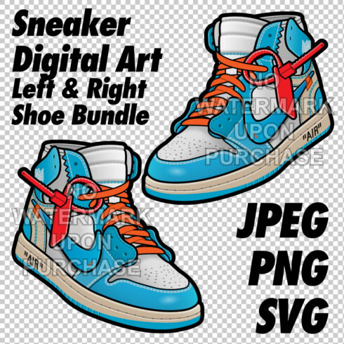 Air Jordan 1 Off White UNC JPEG PNG SVG Sneaker Art right & left shoe bundle Digital Download cover image.