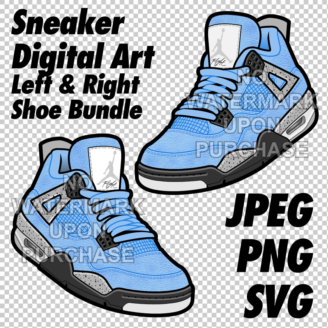 Air Jordan 4 UNC JPEG PNG SVG Sneaker Art right & left shoe bundle Digital Download cover image.