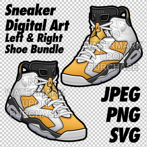 Air Jordan 6 Yellow Ochre JPEG PNG SVG Sneaker Art right & left shoe bundle Digital Download cover image.