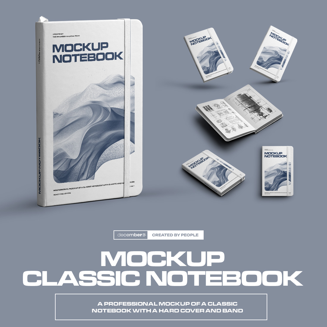 6 Mockups of Classic Notebook with Band and Hard Cover cover image.