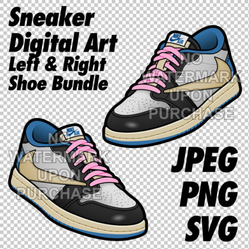 Air Jordan 1 Low Travis Scott x Fragment Design JPEG PNG SVG Sneaker Art Right & Left shoe bundle with lace swap Digital Download cover image.
