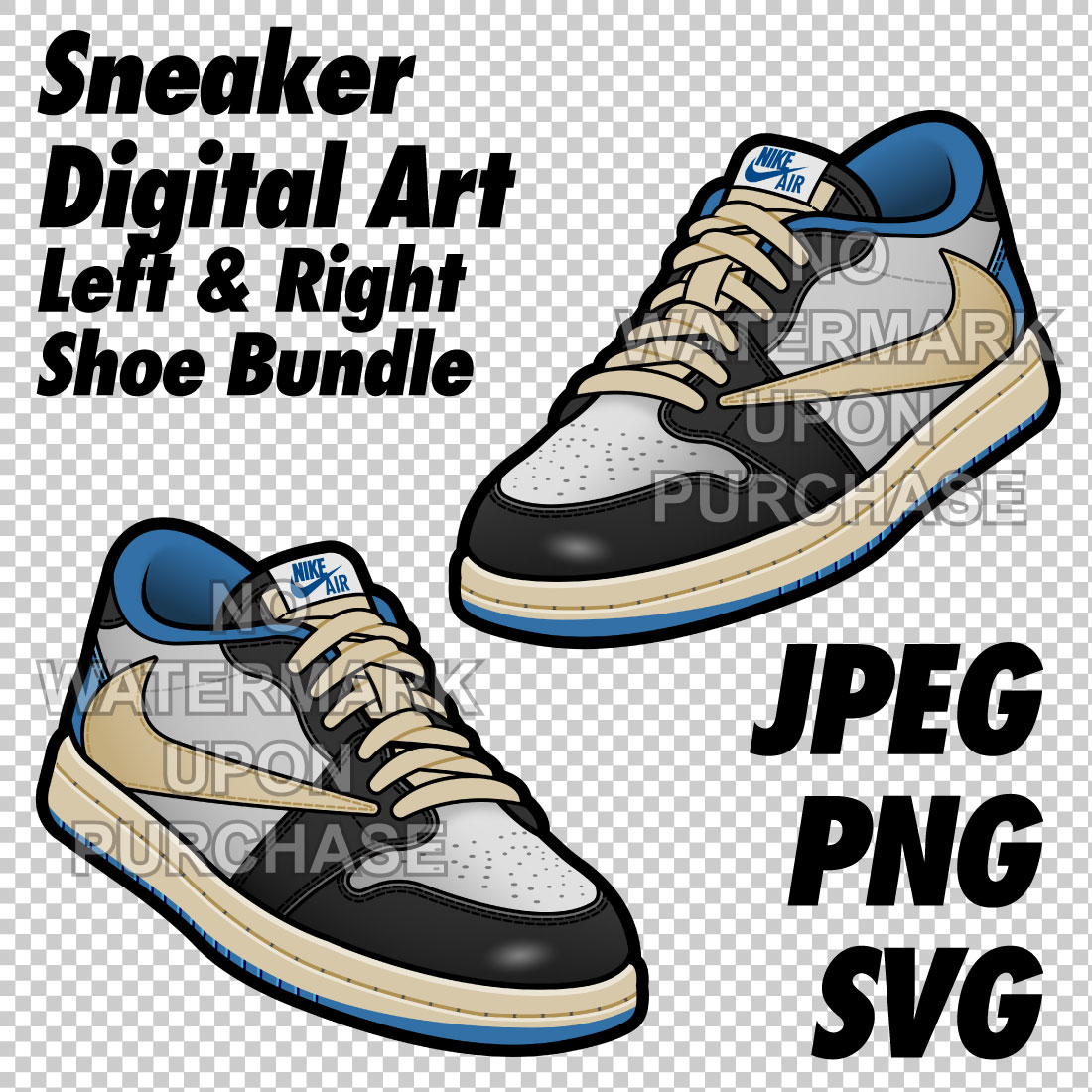 Air Jordan 1 Low Travis Scott x Fragment Design JPEG PNG SVG Sneaker Art Right & Left shoe bundle with lace swap Digital Download preview image.