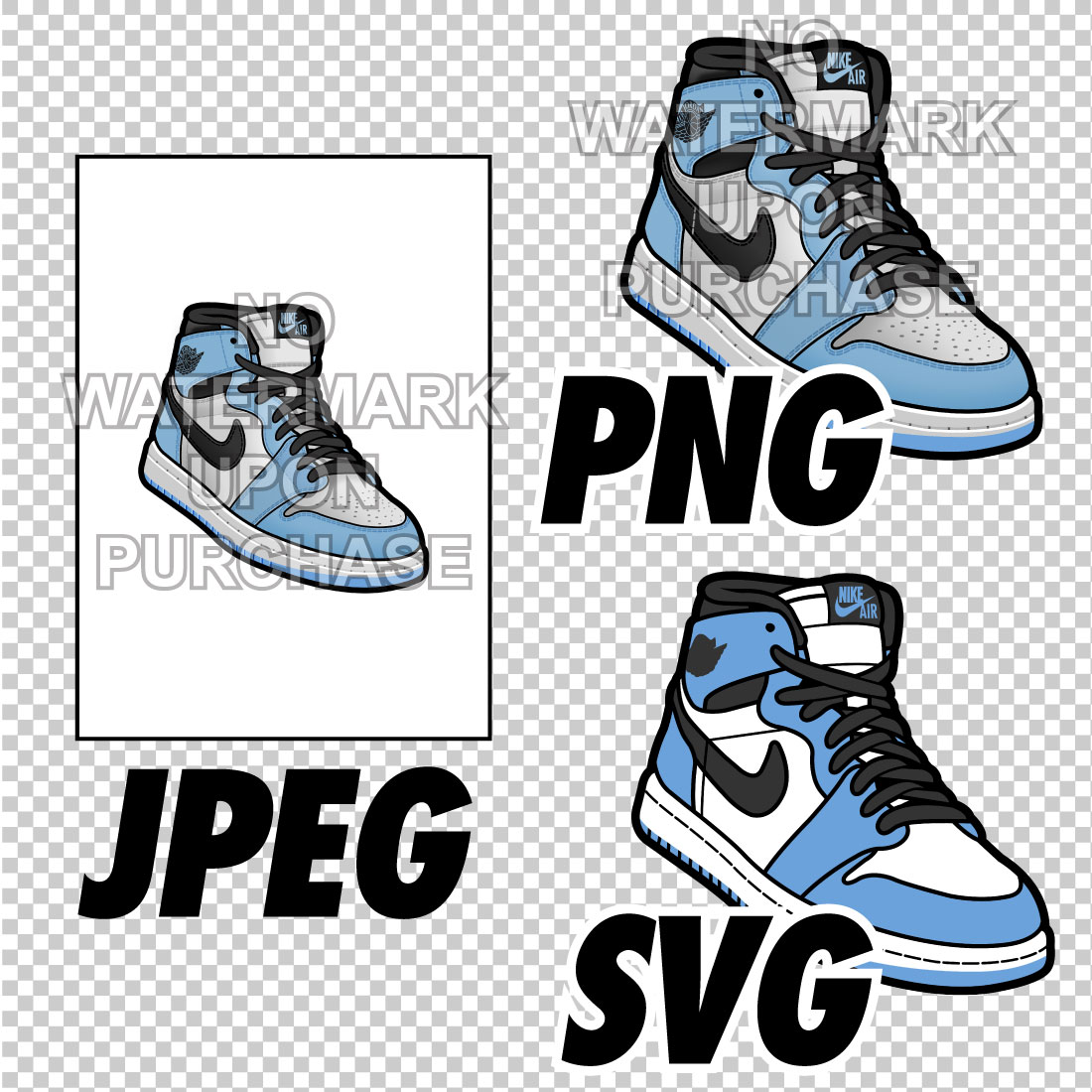 Air Jordan 1 University Blue JPEG PNG SVG Sneaker Art right & left shoe bundle Digital Download preview image.