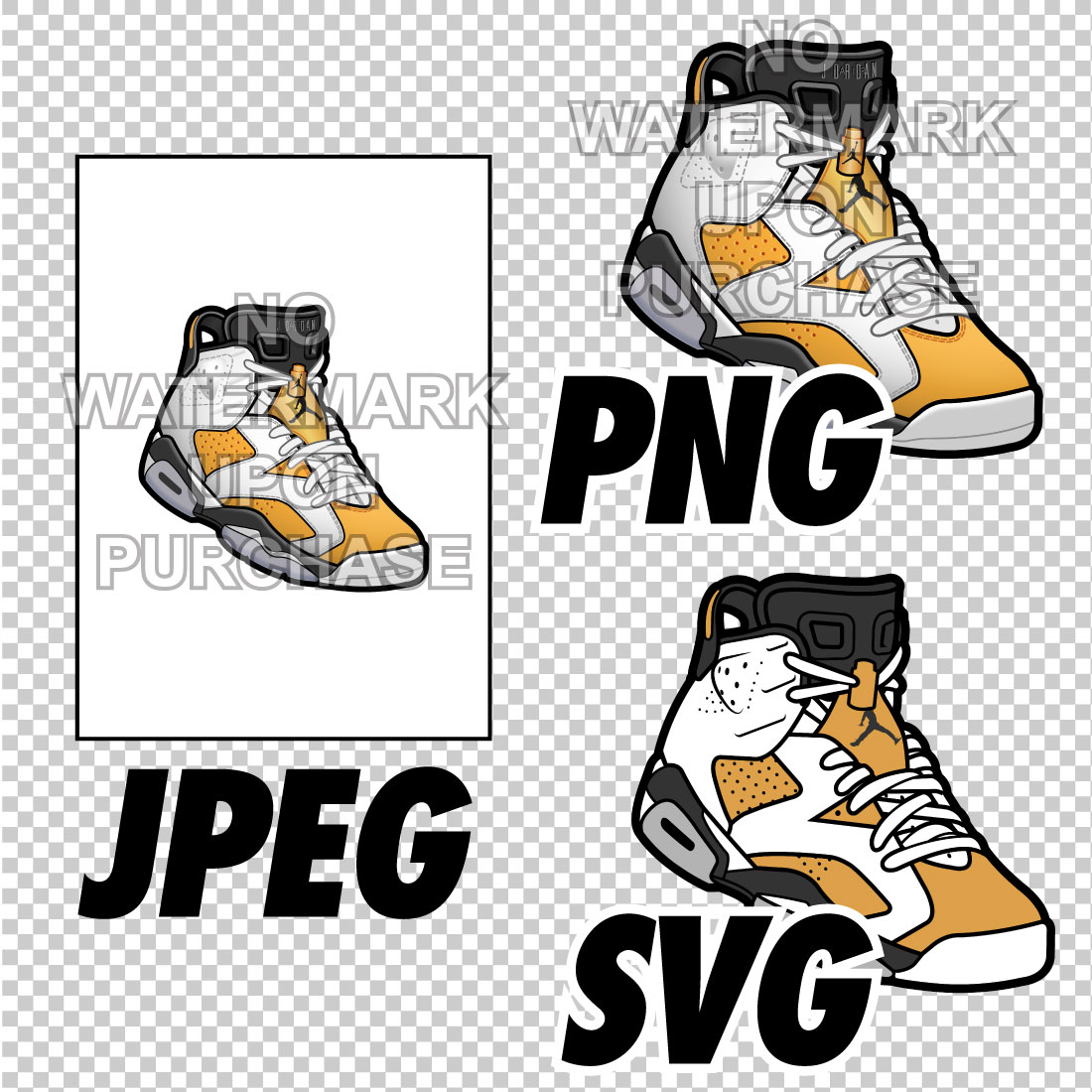 Air Jordan 6 Yellow Ochre JPEG PNG SVG Sneaker Art right & left shoe bundle Digital Download preview image.