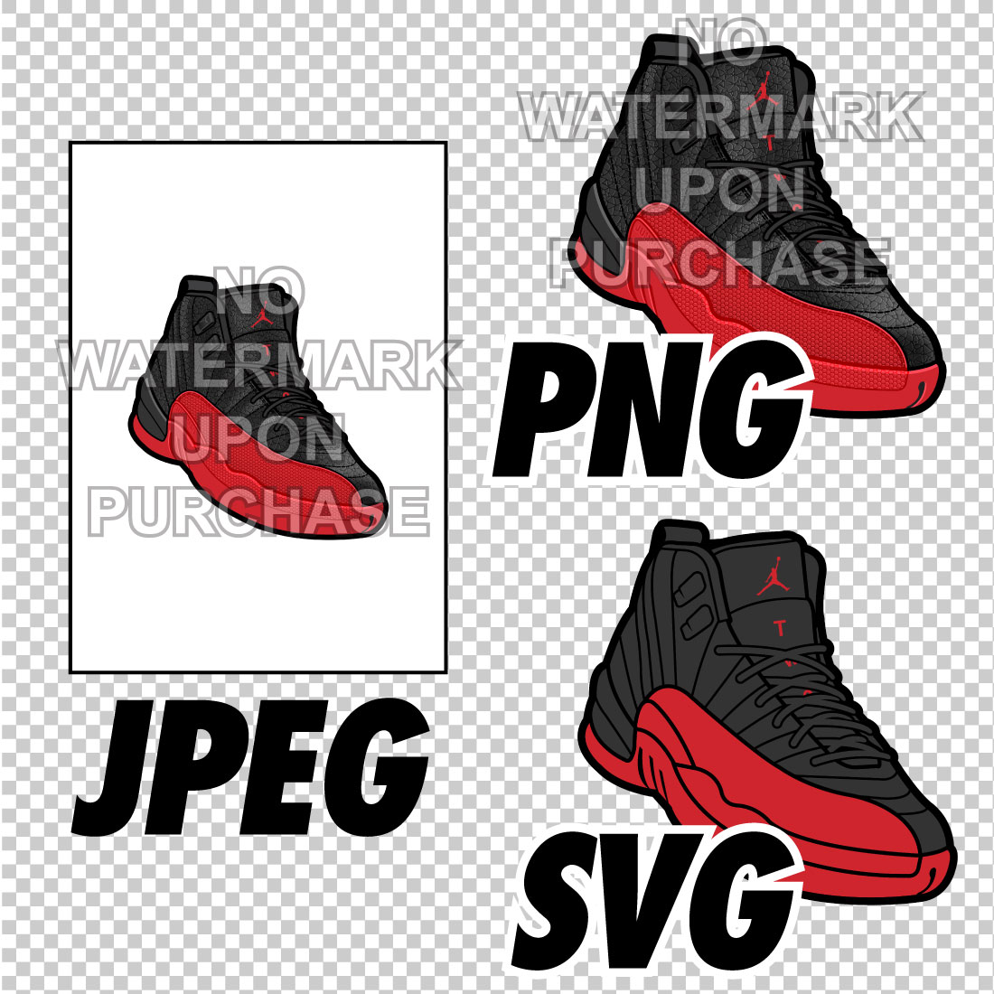 Air Jordan 12 Flu Game JPEG PNG SVG Sneaker Art right & left shoe bundle Digital Download preview image.