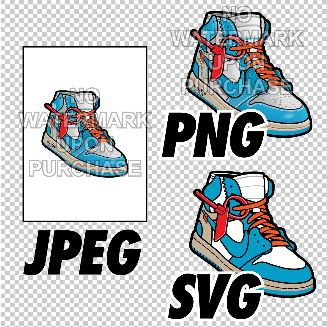 Air Jordan 1 Off White UNC JPEG PNG SVG Sneaker Art right & left shoe bundle Digital Download preview image.