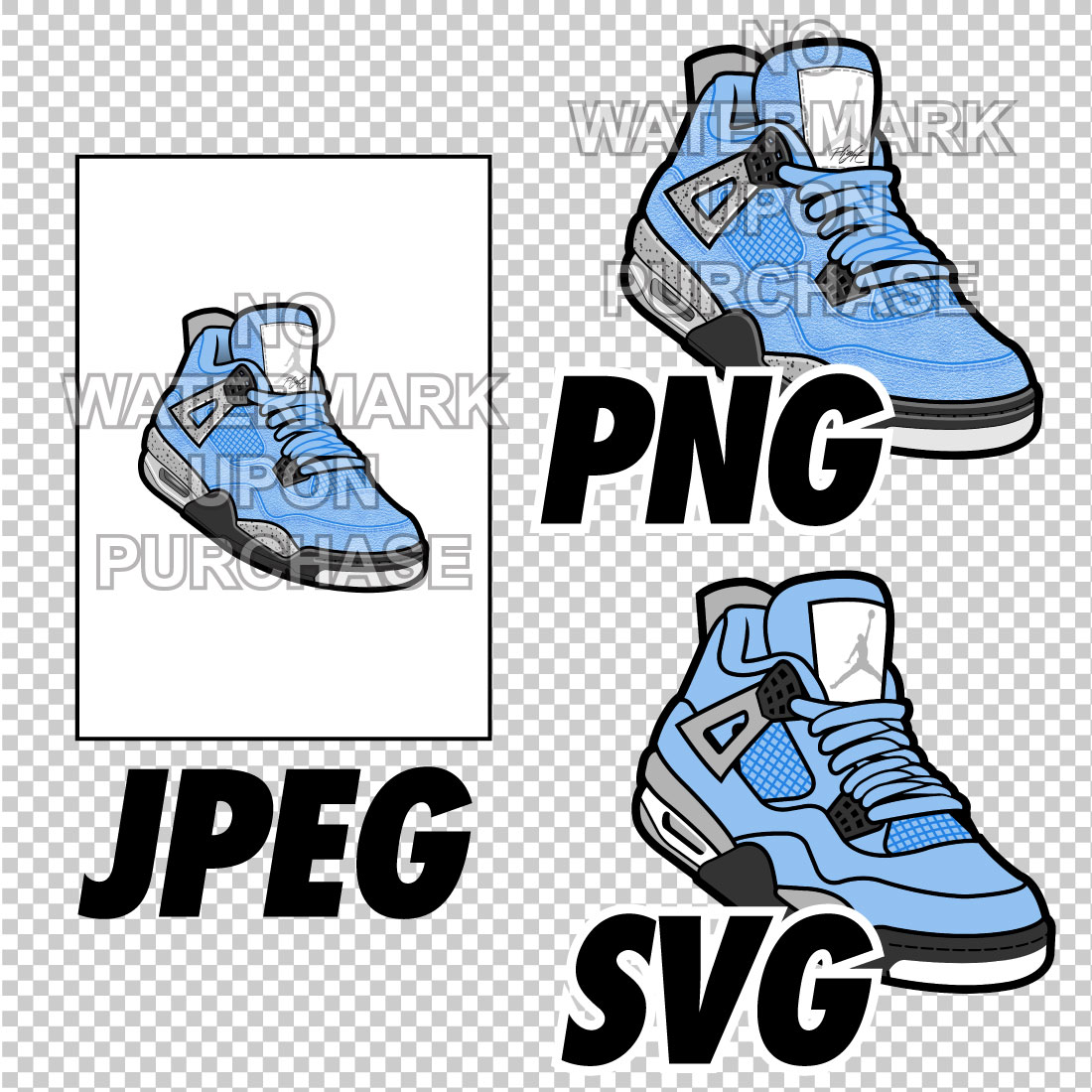 Air Jordan 4 UNC JPEG PNG SVG Sneaker Art right & left shoe bundle Digital Download preview image.