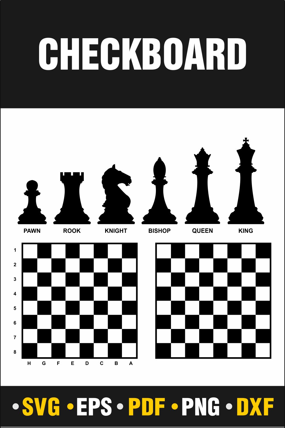 Check Board Svg, Check Board, Chess Svg, Chess Png, Chess Svg, Horse Svg, Pawn Svg, Rock Svg, Knight Svg, Bishop Svg, Queen Svg, King Svg Instant Download Vector Cut file Cricut, Silhouette, Pdf Png, Dxf, Decal pinterest preview image.