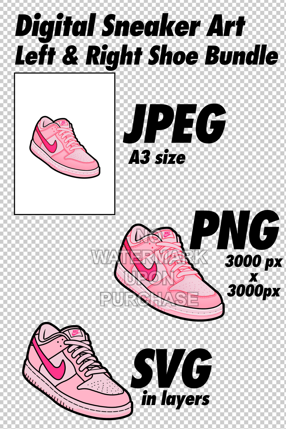 Dunk Low Triple Pink JPEG PNG SVG Sneaker Art right & left shoe bundle Digital Download pinterest preview image.