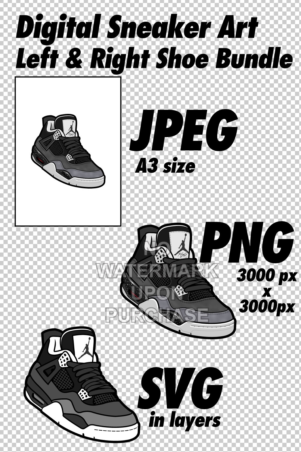 Air Jordan 4 Fear JPEG PNG SVG Sneaker Art right & left shoe bundle Digital Download pinterest preview image.