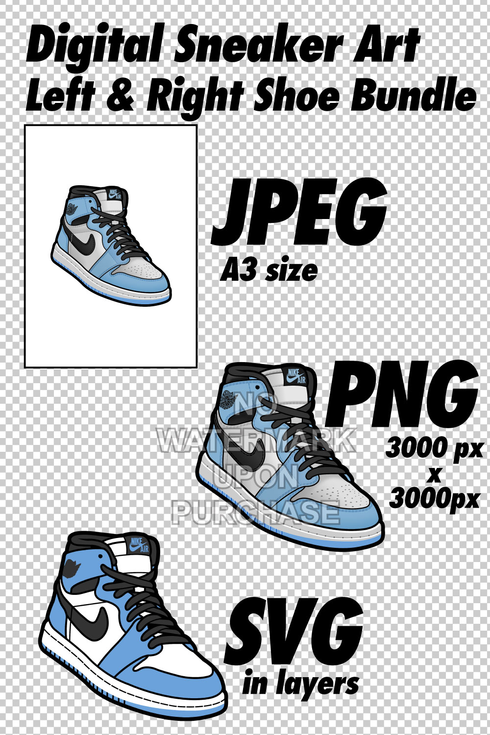 Air Jordan 1 University Blue JPEG PNG SVG Sneaker Art right & left shoe bundle Digital Download pinterest preview image.