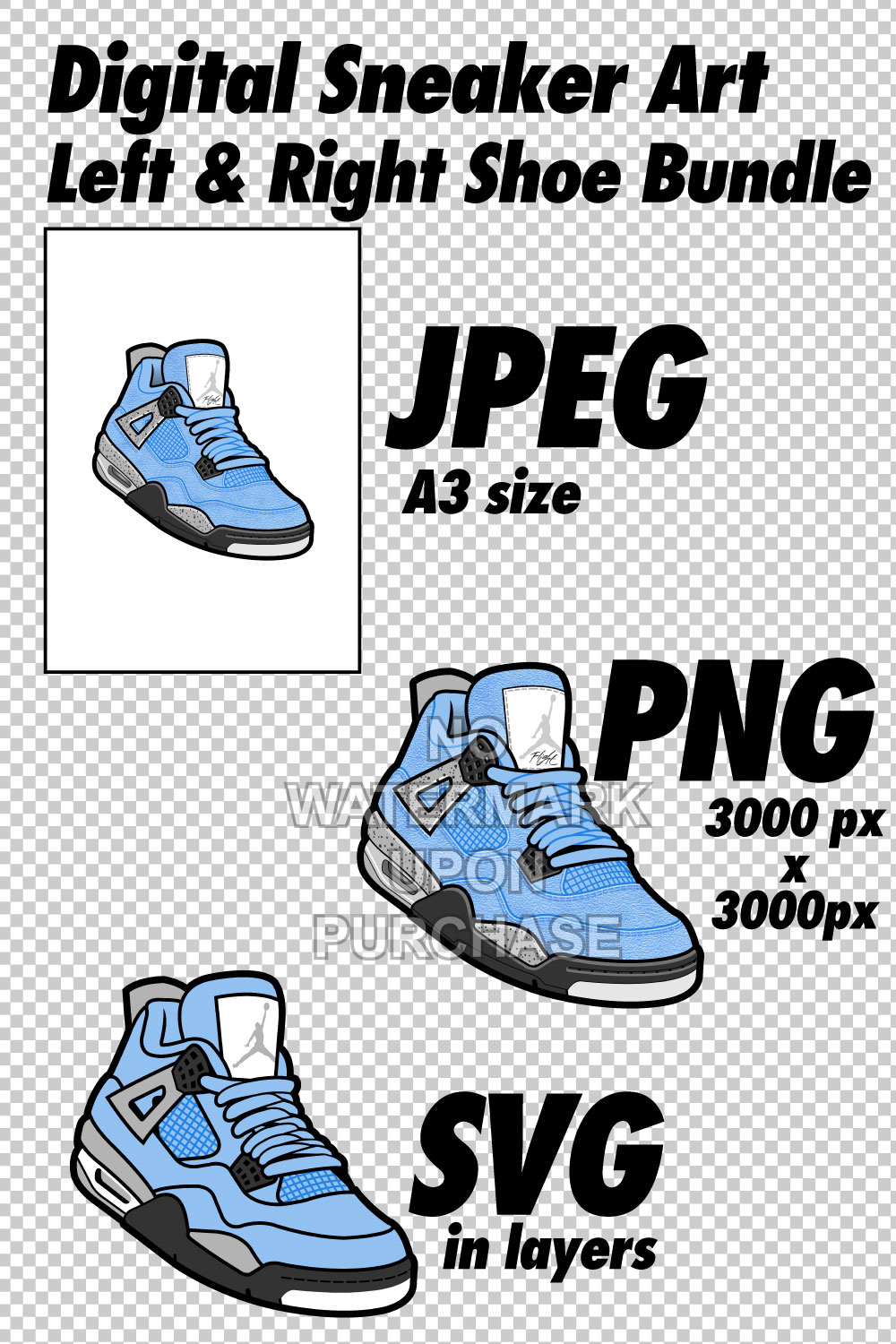 Air Jordan 4 UNC JPEG PNG SVG Sneaker Art right & left shoe bundle Digital Download pinterest preview image.