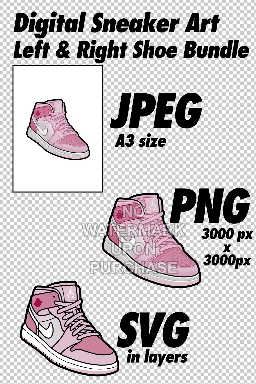 Air Jordan 1 MID Digital Pink JPEG PNG SVG Sneaker Art right & left shoe bundle Digital Download pinterest preview image.