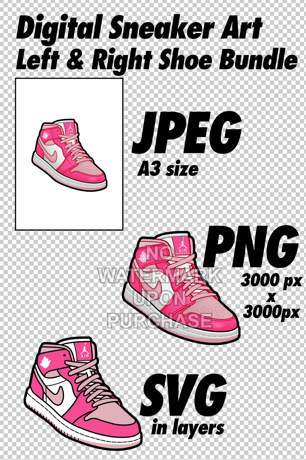 Air Jordan 1 MID Medium Soft Pink JPEG PNG SVG Sneaker Art right & left shoe bundle Digital Download pinterest preview image.