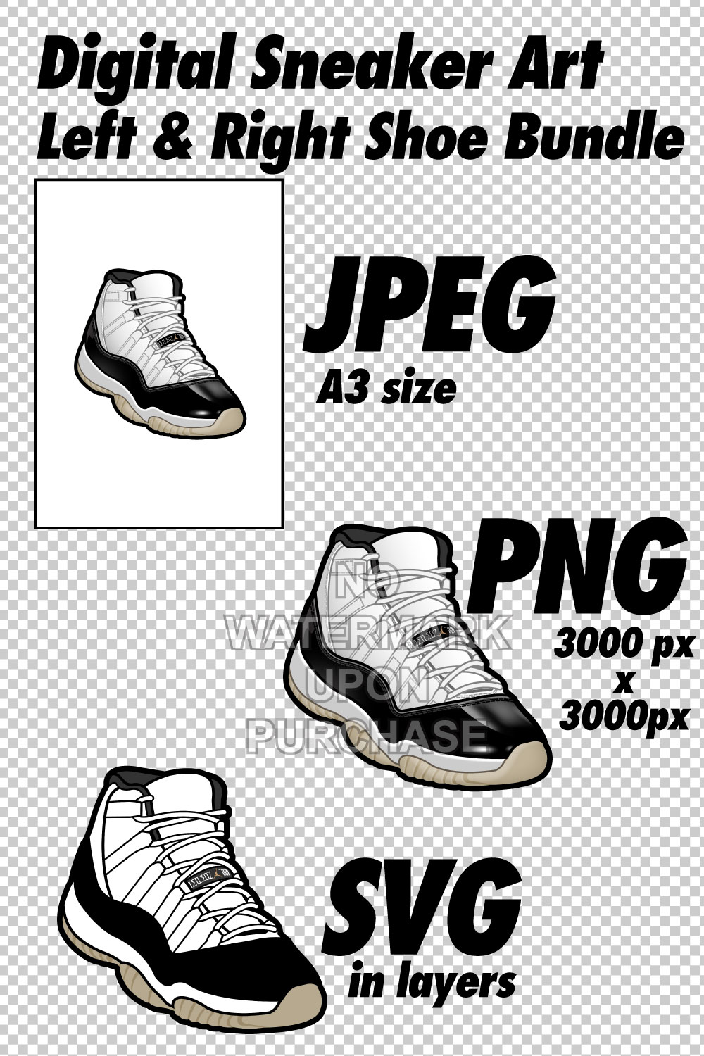Air Jordan 11 Gratitude JPEG PNG SVG Sneaker Art right & left shoe bundle Digital Download pinterest preview image.