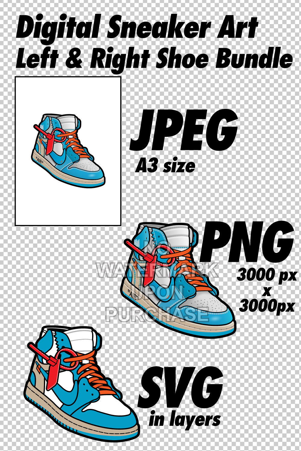 Air Jordan 1 Off White UNC JPEG PNG SVG Sneaker Art right & left shoe bundle Digital Download pinterest preview image.