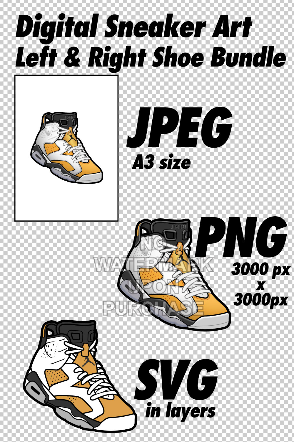 Air Jordan 6 Yellow Ochre JPEG PNG SVG Sneaker Art right & left shoe bundle Digital Download pinterest preview image.