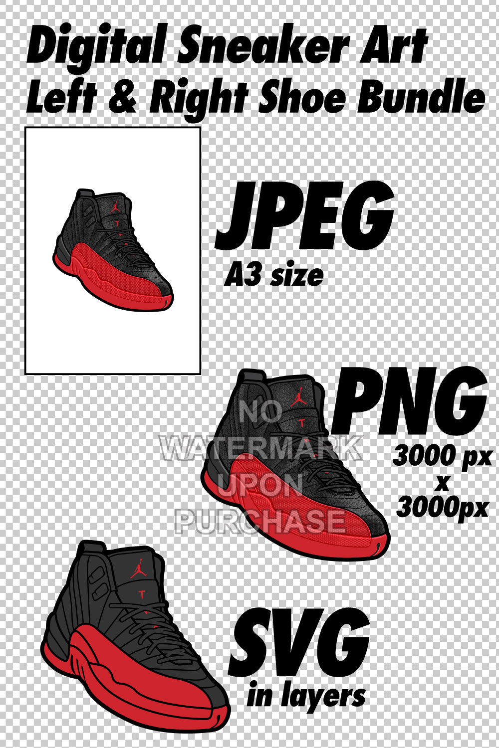 Air Jordan 12 Flu Game JPEG PNG SVG Sneaker Art right & left shoe bundle Digital Download pinterest preview image.