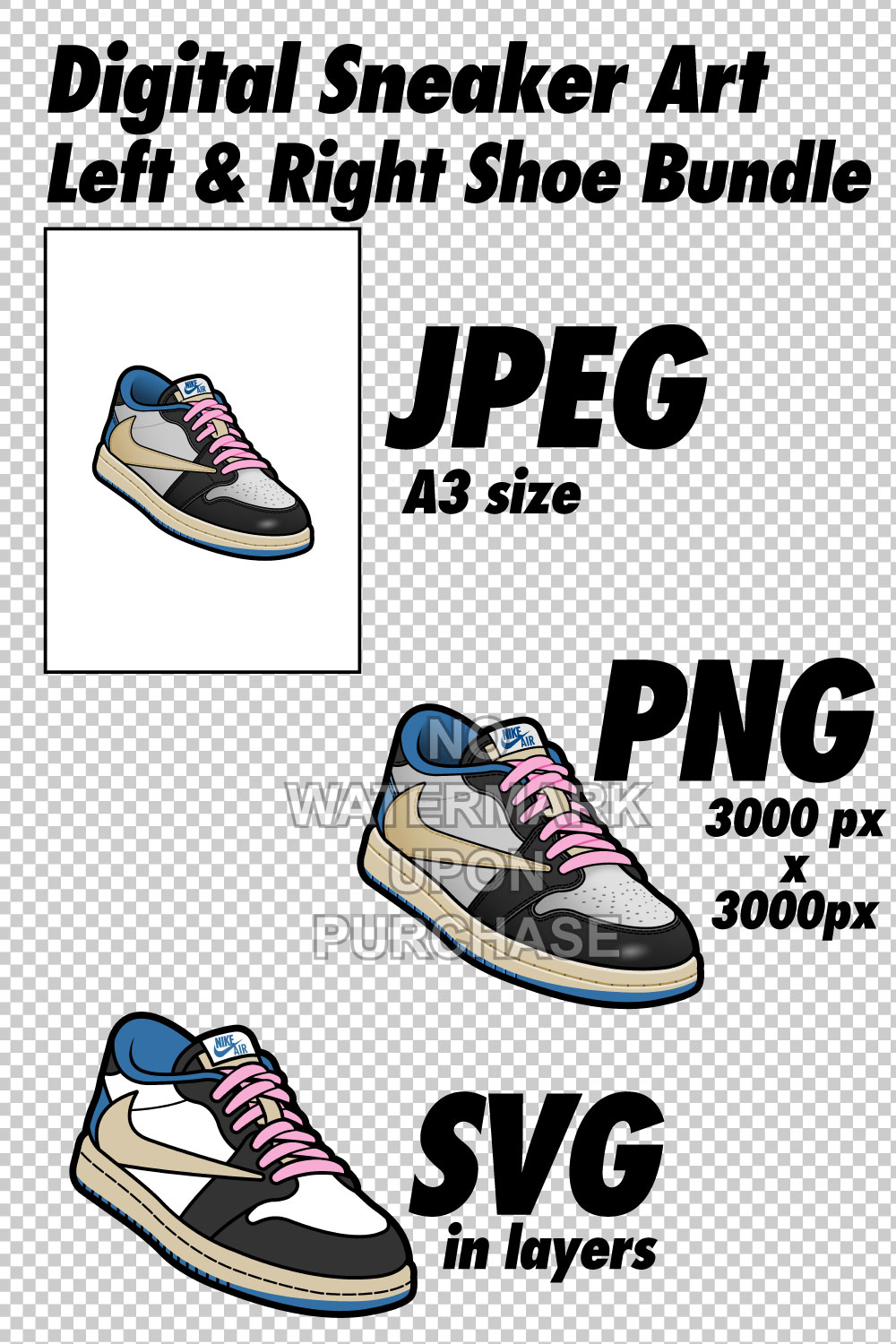 Air Jordan 1 Low Travis Scott x Fragment Design JPEG PNG SVG Sneaker Art Right & Left shoe bundle with lace swap Digital Download pinterest preview image.
