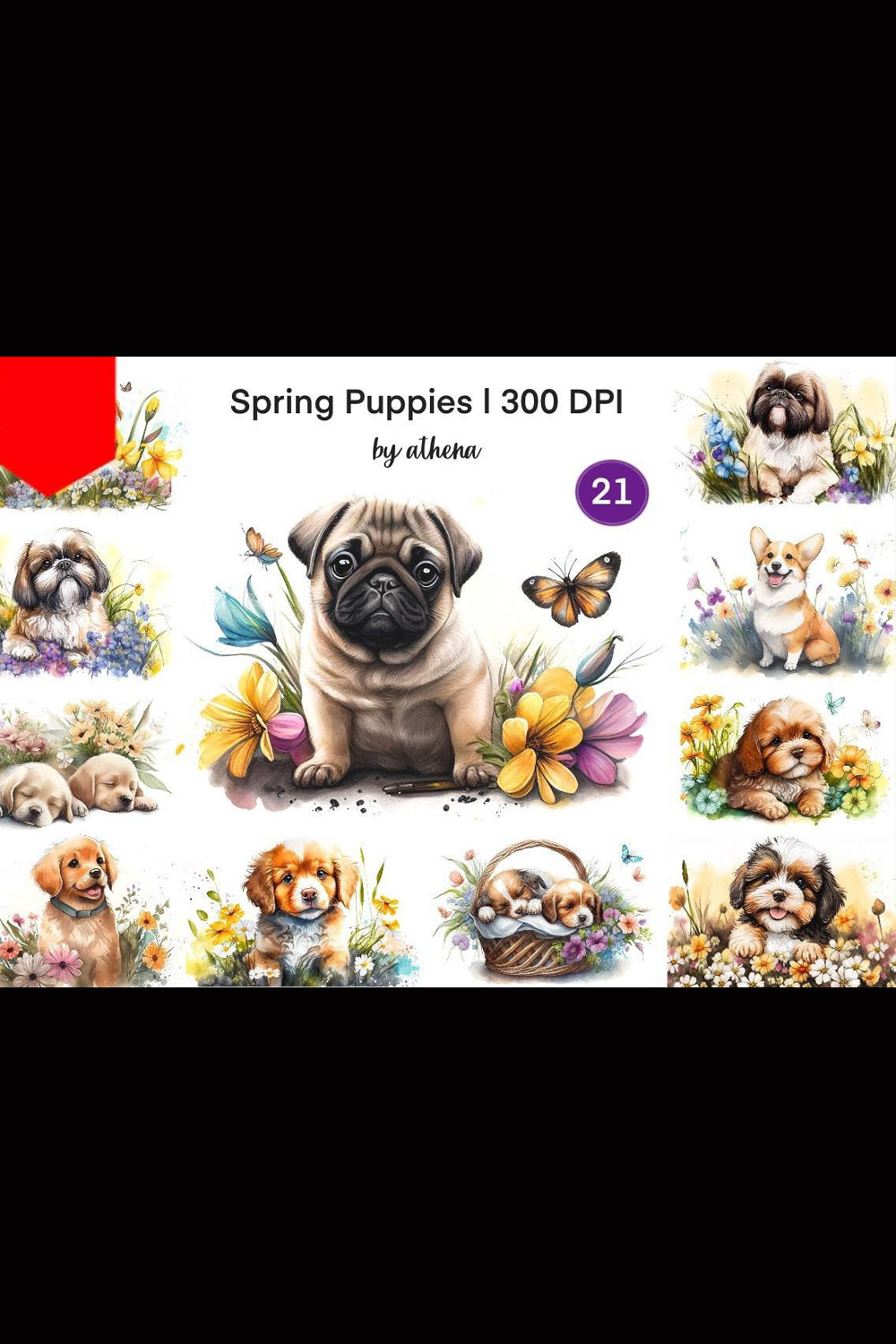 Spring Watercolor Dogs Bundle pinterest preview image.