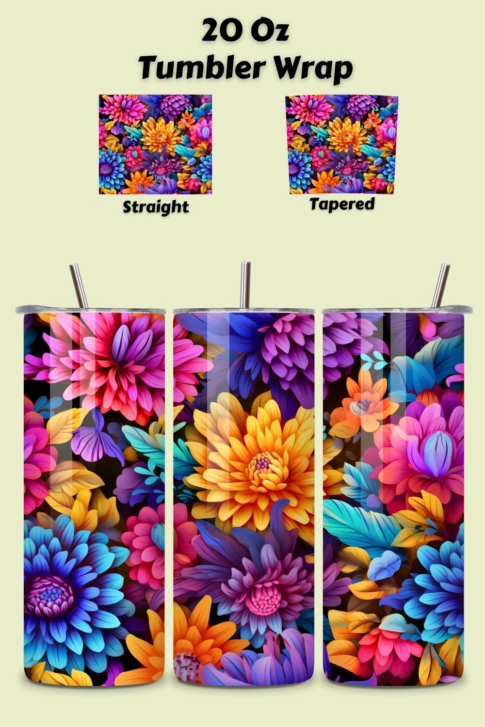 Floral Tumbler Wrap, Seamless 3D PNG, 3d tumbler, floral tumbler wrap, flower tumbler wrap, sublimation tumbler pinterest preview image.