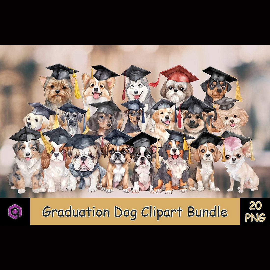 Graduation Dog Clipart PNG Bundle preview image.