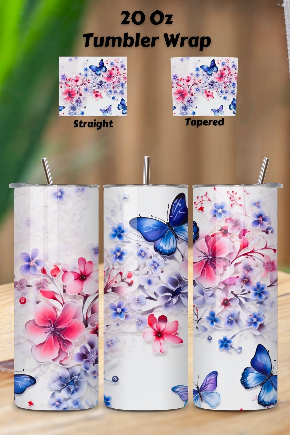 Flowers & Blue Butterflies 20 oz Skinny Tumbler Wrap, 3d tumbler design, 3d tumbler png, 3d tumbler wrap, butterfly tumbler pinterest preview image.
