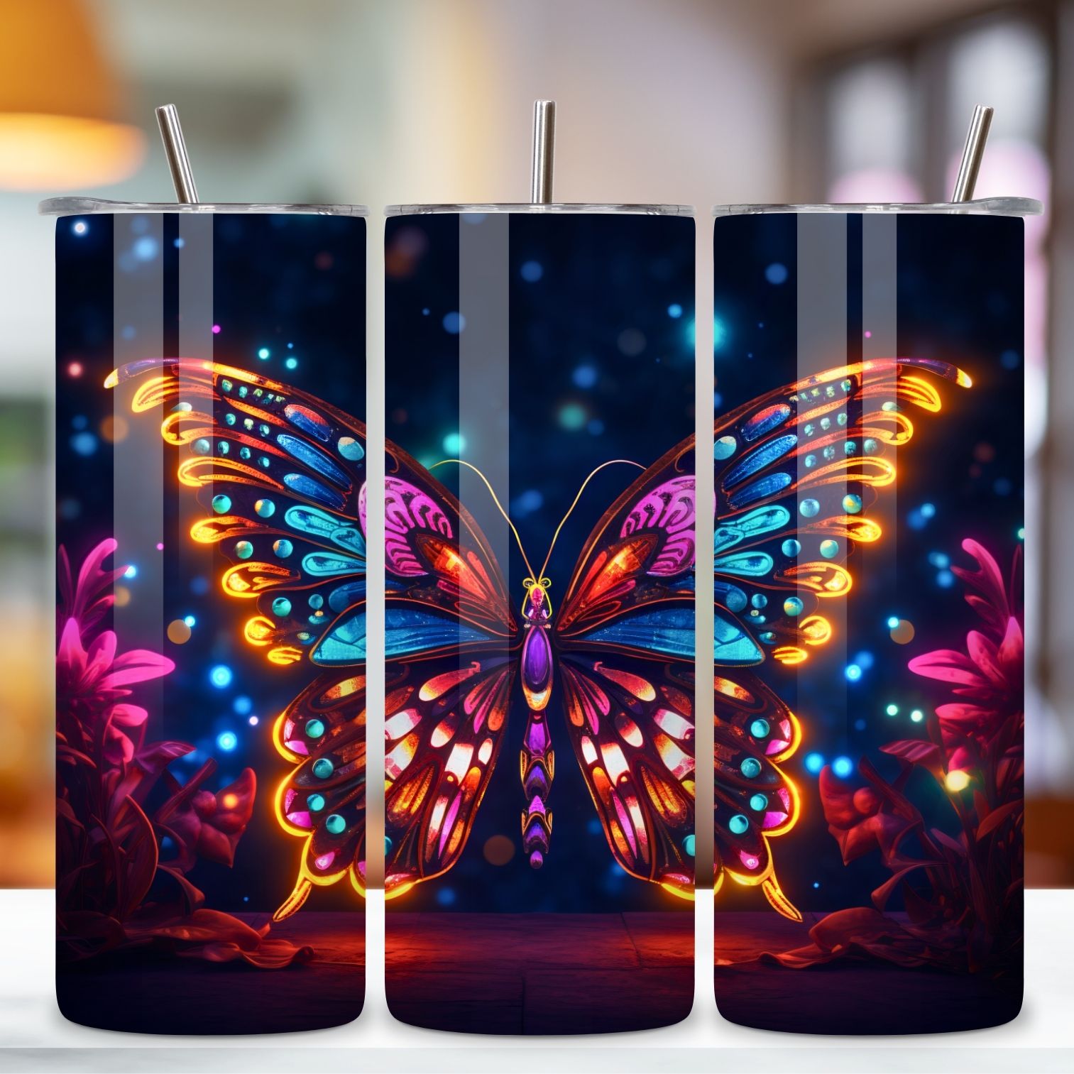 Bright Butterfly Tumbler Wrap, Sublimation PNG design, delight butterfly, floral butterfly, holographic tumbler preview image.