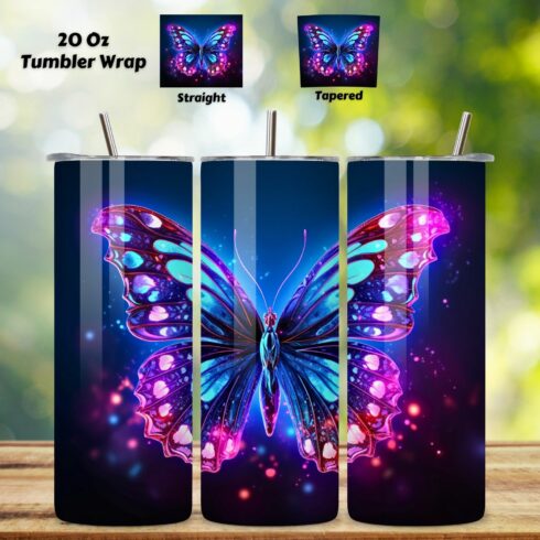 Neon butterfly Tumbler Wrap, Sublimation PNG design, 20oz butterfly, 20oz skinny tumbler, alcohol butterfly cover image.