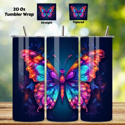 Luminous Butterfly Tumbler Wrap, Sublimation PNG design, neon butterfly, pink butterfly, purple butterfly, watercolor butterfly cover image.