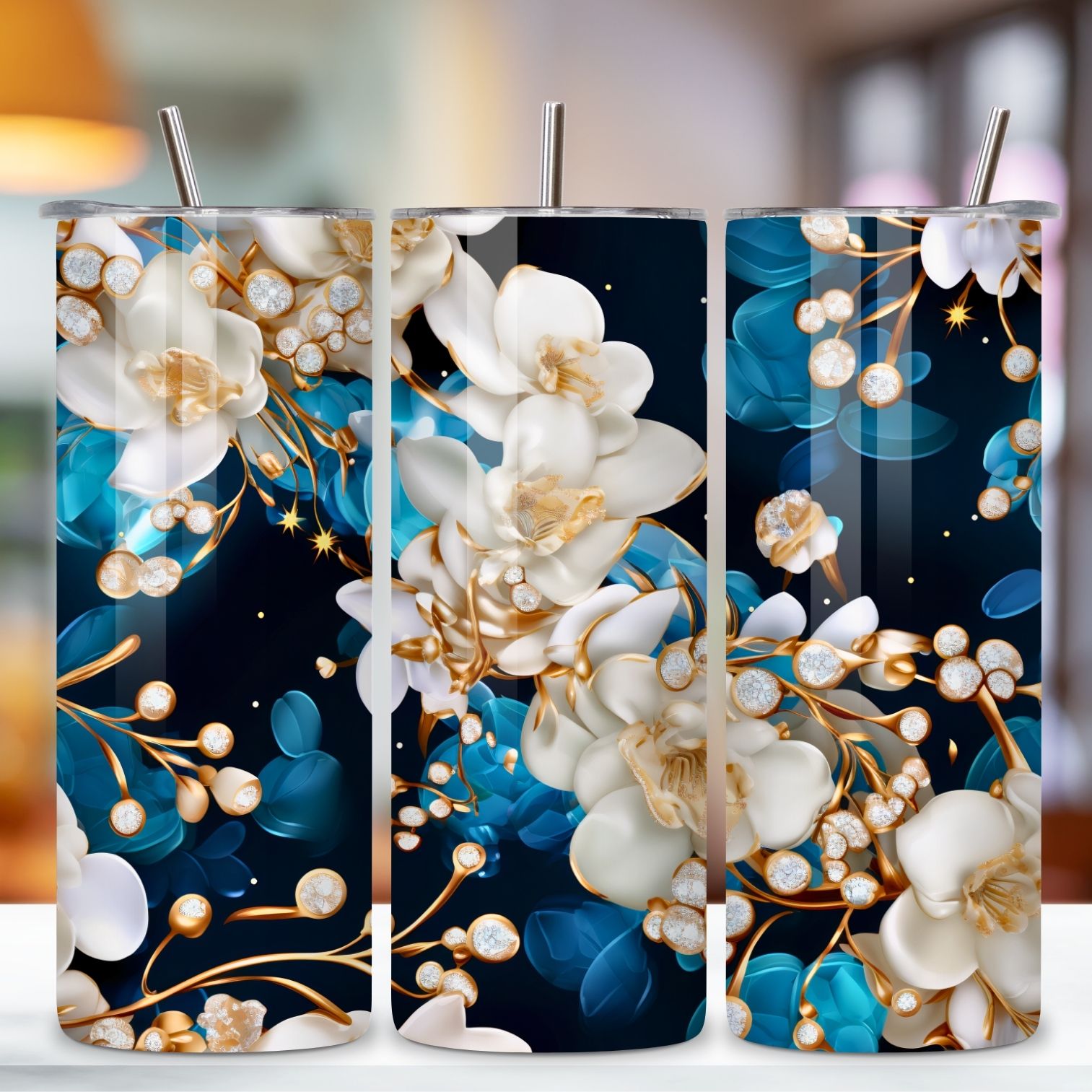 Celestial Orchid Elegance Tumbler Wrap, Seamless Design PNG, 3d flowers, 3d orchids, 3d tumbler design, 3d tumbler wrap preview image.