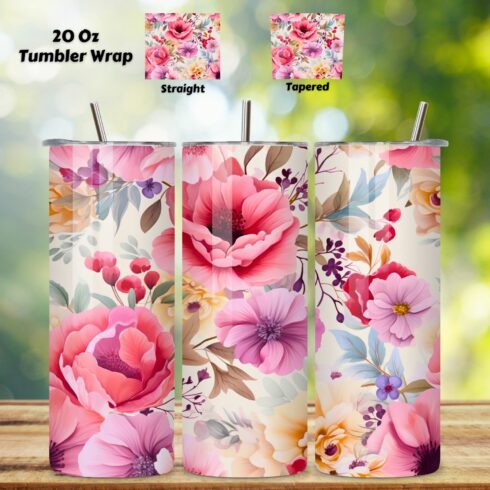 Floral Watercolor Tumbler Wrap, Seamless PNG Wrap, flowers tumbler, skinny design, skinny tumbler, spring floral tumble cover image.