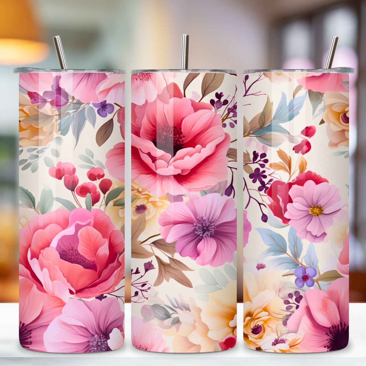 Floral Watercolor Tumbler Wrap, Seamless PNG Wrap, flowers tumbler, skinny design, skinny tumbler, spring floral tumble preview image.